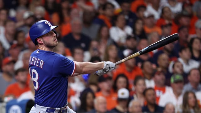 Texas Rangers catcher Mitch Garver, who is now a free agent, hits a home run against the Houston Astros in the second inning during Game 6 of the ALCS on Oct. 22 at Minute Maid Park.